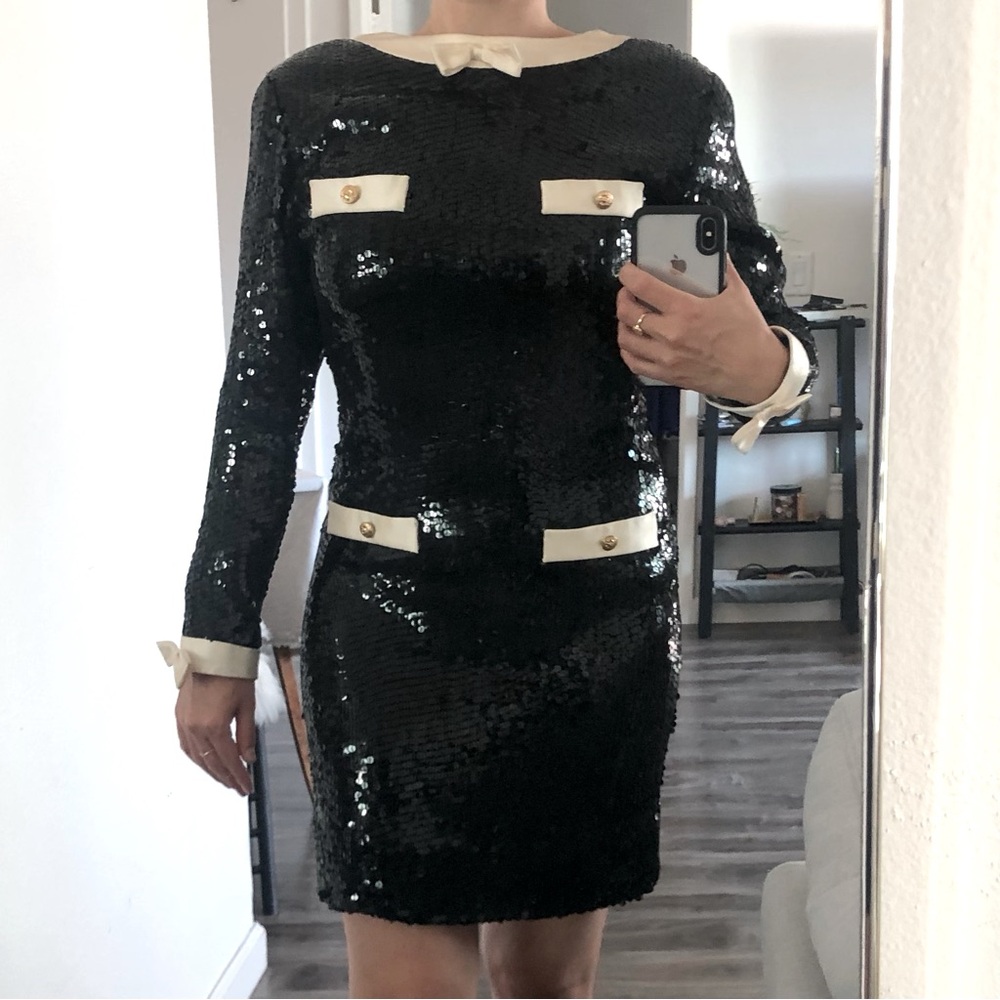Vintage Black Sequined Cocktail Dress 80’s Long Sleeve Jeanette for St. Martin S